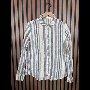 CP Shades Top Medium Womens Blue White Gray Striped 100% Linien Button Shirt